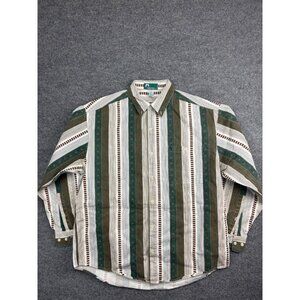 Vintage Timber Trail Button Down Shirt Men's L Brown Cream Stripe Long Sleeve